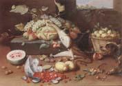 Still life of a watermelon,pears,grapes and melons,plums,apricots and pears in a basket,with a dog surprising a monkey and fraises-de-bois spilling ou, Jan Van Kessel the Younger